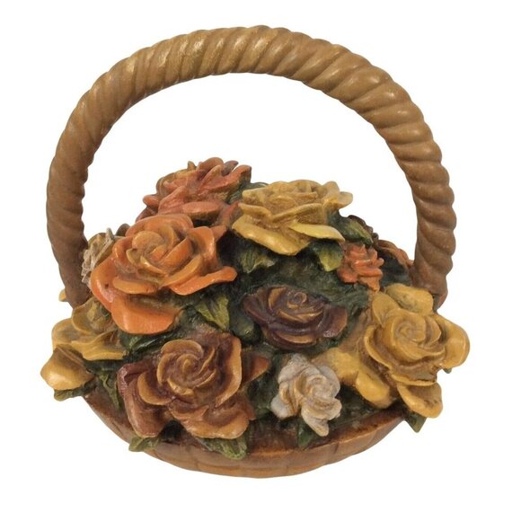 Vintage Mid-Century Carved Composite Wood Flower Basket Figurine Detailed Roses - Picture 3 of 7
